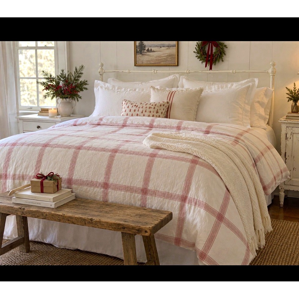 Pottery Barn Queen Plaid Duvet Cover White/Red 100% Cotton Button Closure